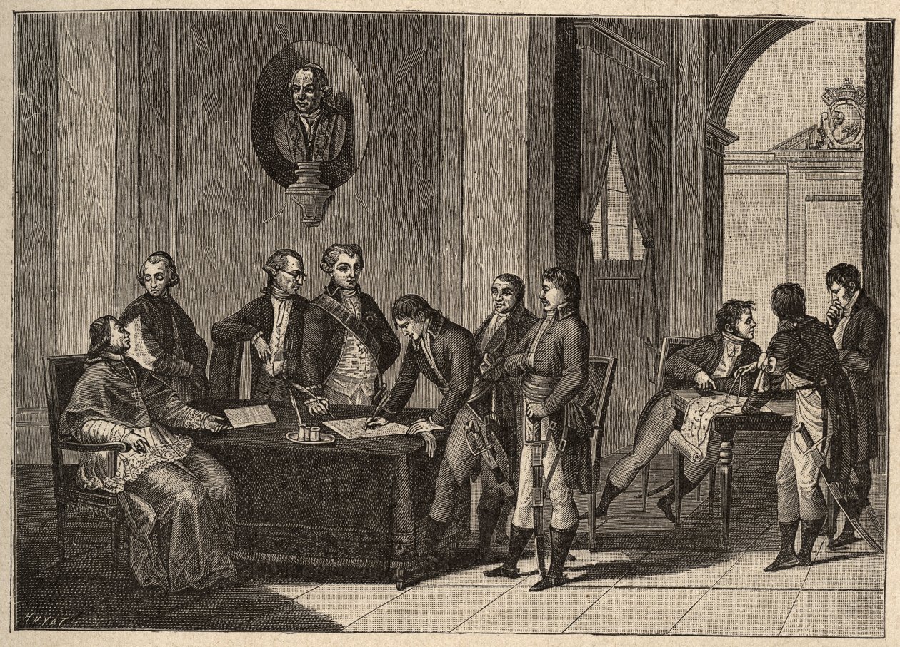 Der Vertrag von Tolentino oder der Frieden von Tolentino ist ein Friedensvertrag, der am 19. Februar 1797 in Tolentino, Italien, zwischen Frankreich und den Päpstlichen Staaten unterzeichnet wurde. (Zwischen General Bonaparte und Papst Pius VI (1717-1799). von Unknown artist