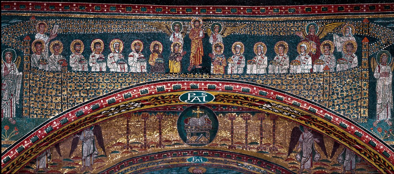 Die Vision des Himmlischen Jerusalem: Die Auserwählten werden von den Engeln empfangen. Unten, das Lamm Gottes. (Detail) Mosaik um 830. Triumphbogen der Basilika Santa Prassede, Rom von Unknown artist