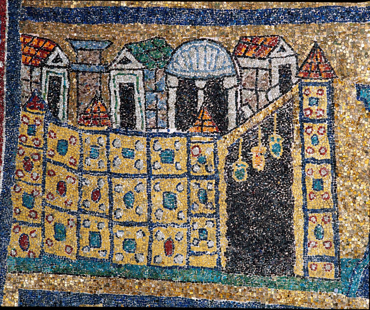 Die Vision des himmlischen Jerusalem: Detail von Jerusalem, dargestellt in einer befestigten Stadt. Mosaik um 830. Triumphbogen der Basilika Santa Prassede, Rom von Unknown artist
