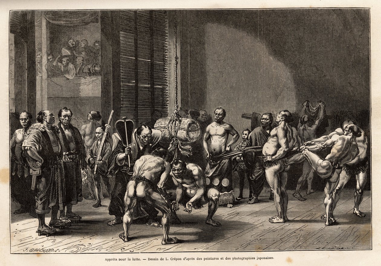Die Vorbereitungen für das Sumo-Ringen, die Athleten wärmen sich auf, dehnen sich, stylen sich und konzentrieren sich vor dem Kampf. Gravur zur Illustration der Reise nach Japan, von Aime Humbert, Minister der Schweizerischen Eidgenossenschaft, 1863-1864,  von Unknown artist