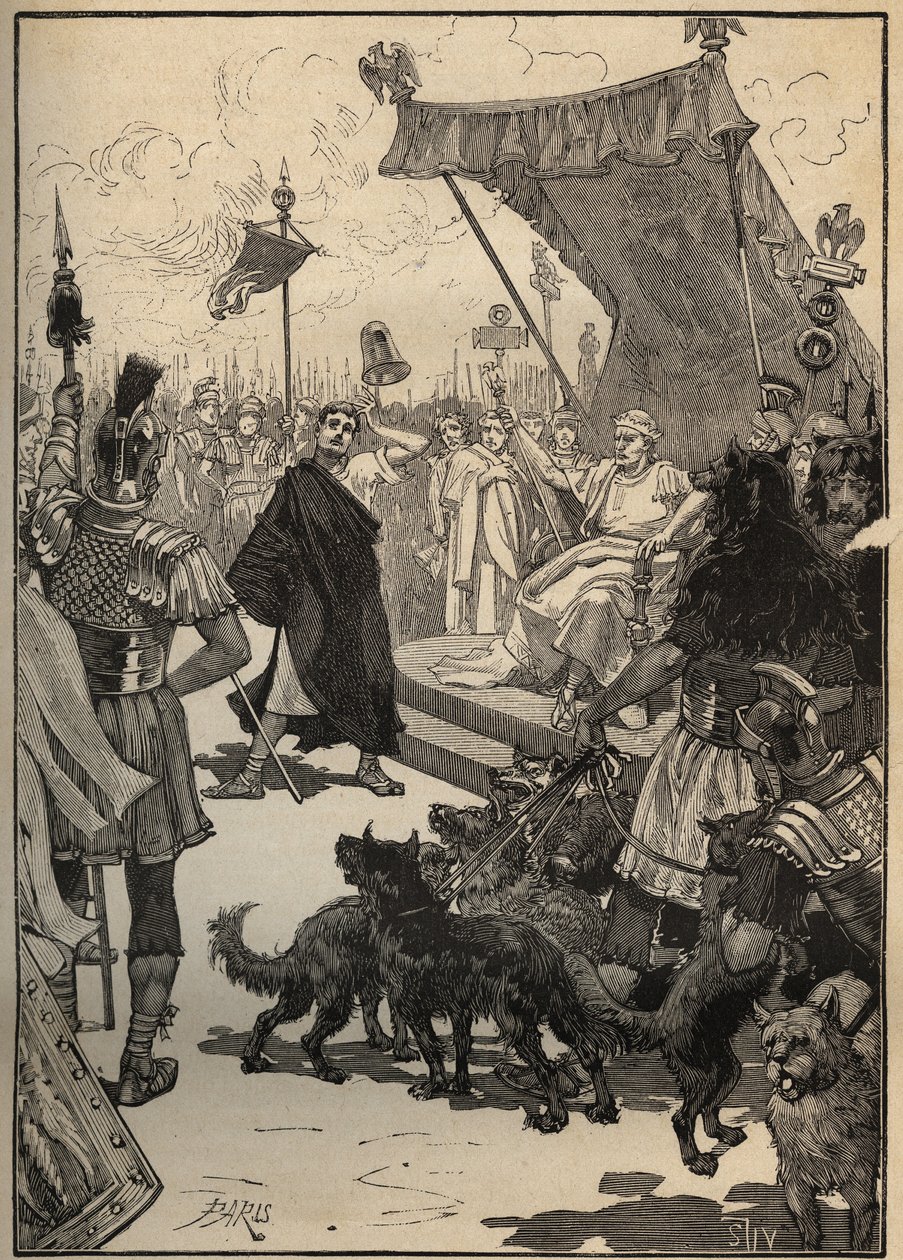 Die Kunst des Glases: gehärtetes Glas im antiken Rom. Ein Handwerker wirft eine Glasvase gegen Platten und das Objekt zerbricht nicht zur Überraschung der Zuschauer, darunter Kaiser Tiberius. Gravur von 1885 in „Les arts et metiers illustres“ von Adolphe B von Unknown artist