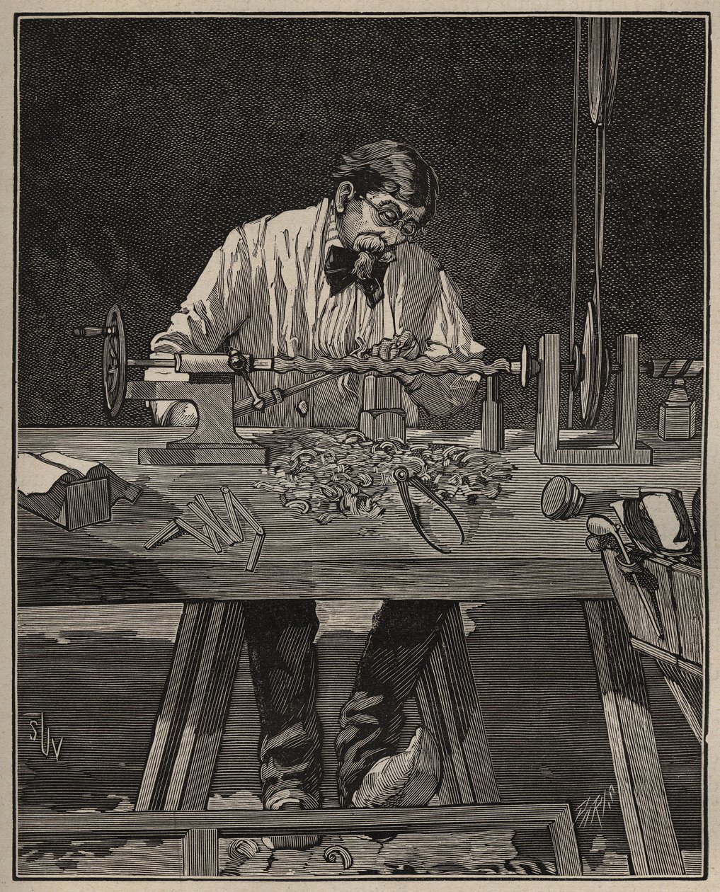 Die Kunst des Drehens: Bearbeitung einer Torso-Säule. Gravur von 1885 in „Les arts et métiers illustrés“ von Adolphe Bitard. von Unknown artist