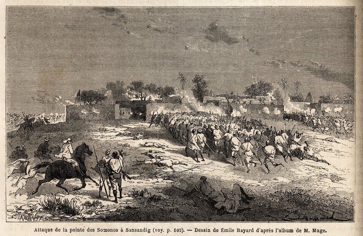Der Angriff auf Sansandig durch die Armee von König Ahmadou (Toucouleur), wo geflüchtete Bambara Zuflucht fanden. Illustration der Reise in den westlichen Sudan von Leutnant (Marine) M. Mage, 1863-1866, veröffentlicht in "Le tour du monde, nouveau journal von Unknown artist