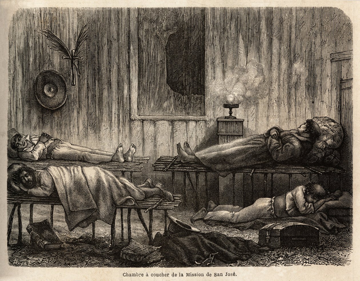 Das Schlafzimmer der christlichen Mission von San Jose (Peru), das den Autor während seiner Reise aufnimmt. Illustration der Reise vom Pazifik zum Atlantik durch Südamerika, 1848-1860 von Paul Marcoy, in 