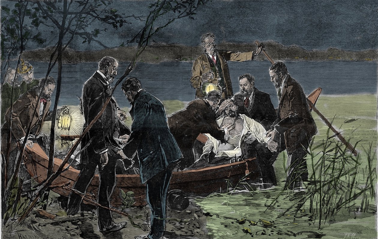 Der Leichnam von Ludwig II. von Bayern und Dr. Gudden im Starnberger See bei Schloss Berg im Juni 1886. Gravur von Unknown artist