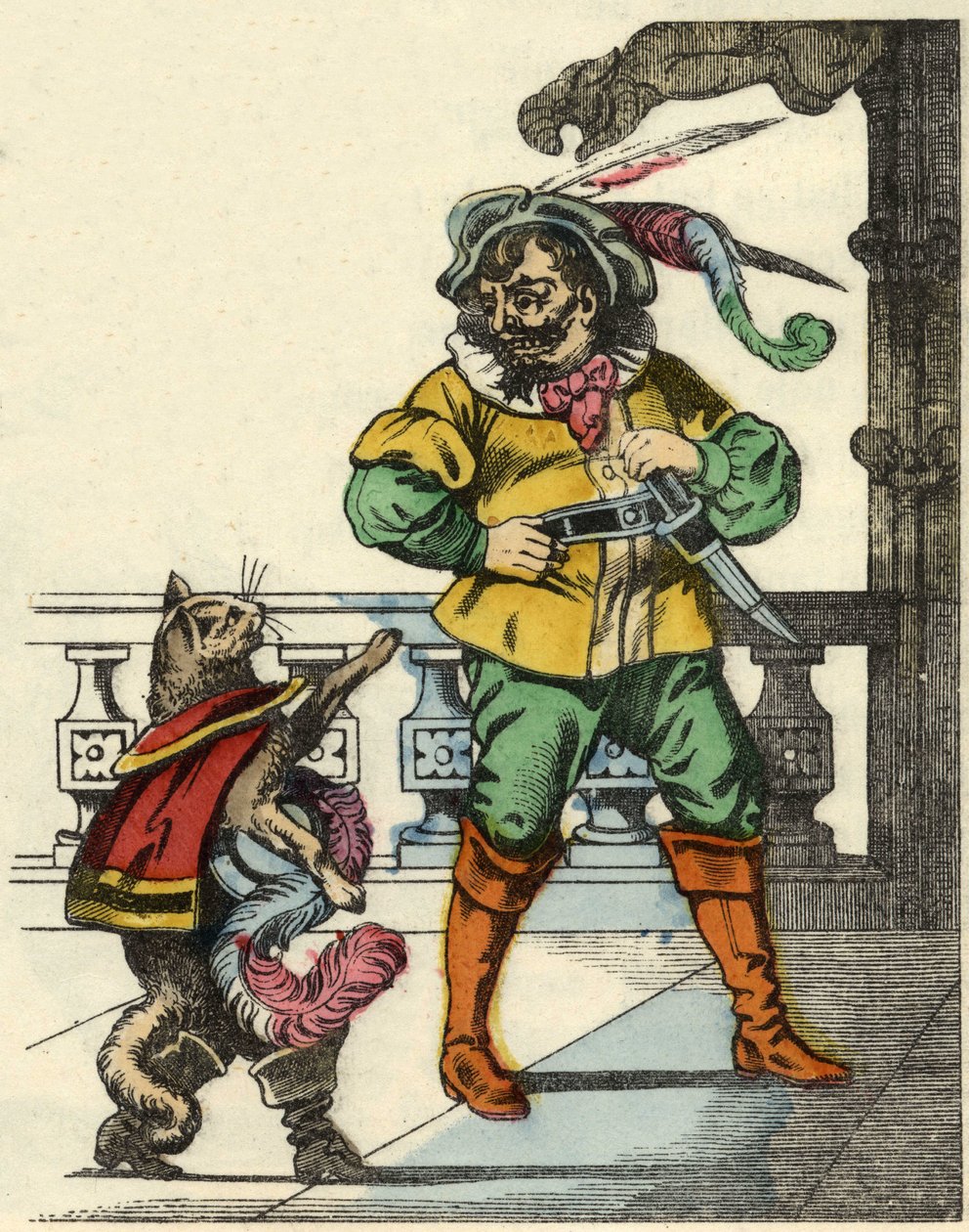 Der gestiefelte Kater trifft den Oger. Illustration des Märchens „Der gestiefelte Kater“ von Charles Perrault. von Unknown artist