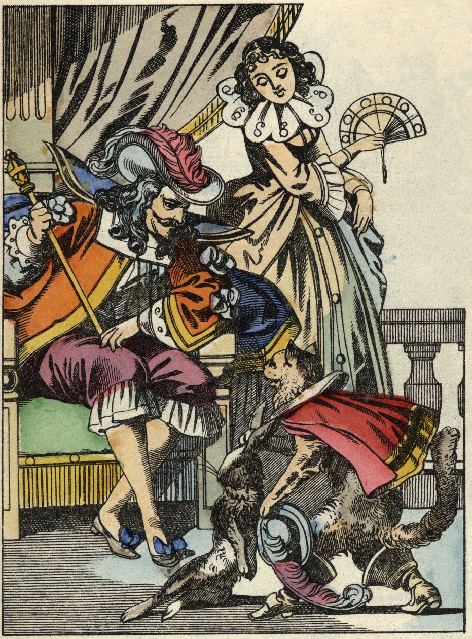 Der gestiefelte Kater bietet dem König das Kaninchen von seinem Herrn, dem Marquis von Carabas, an. Illustration des Märchens „Der gestiefelte Kater“ von Charles Perrault. von Unknown artist