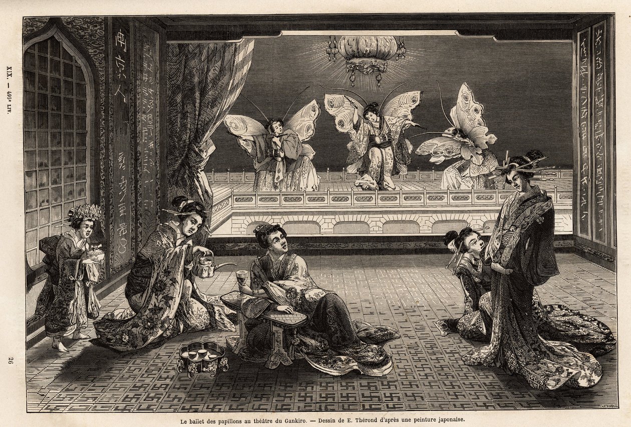 Das Schmetterlingsballett im Gankiro-Theater, im Vergnügungsviertel Miyozaki in Yokohama. Gravur zur Illustration der Reise nach Japan, von Aime Humbert, Minister der Schweizerischen Eidgenossenschaft, 1863-1864, veröffentlicht in "Le tour du monde" von Unknown artist