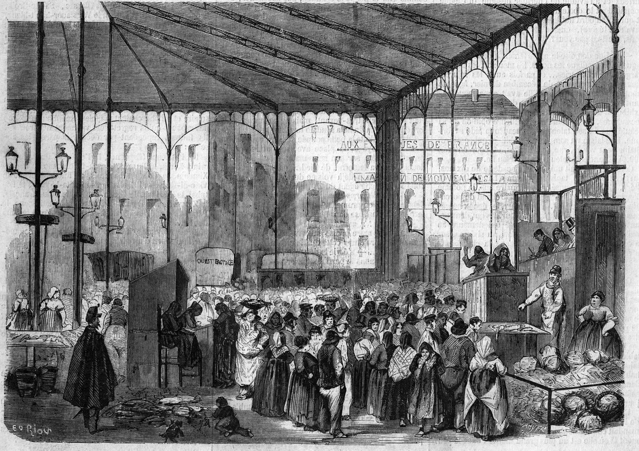 Der zentrale Markt von Paris: der Fischmarkt im Jahr 1858. von Unknown artist