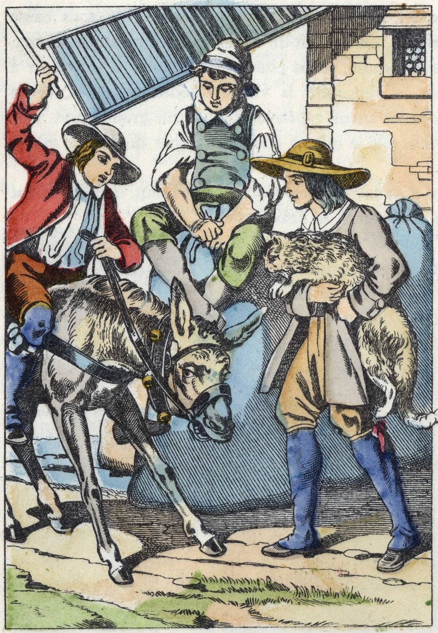 Die Kinder des verstorbenen Müllers teilen sein Erbe: Esel, Mühle und Kater. Illustration des Märchens „Der gestiefelte Kater“ von Charles Perrault von Unknown artist