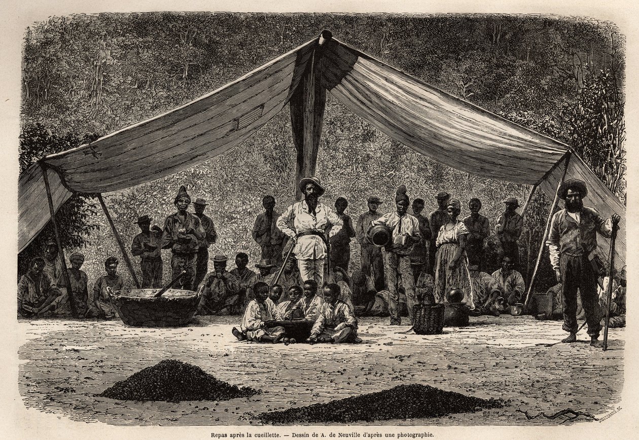 Das gemeinsame Mahl der Arbeiter nach der Sammlung der Kaffeebohnen, die im Vordergrund auf dem Boden trocknen; in der Mitte des Bildes, der Besitzer der Plantage, geschlossen und mit weißer Kopfbedeckung. Illustration der Reise nach Brasilien, Geschichte  von Unknown artist