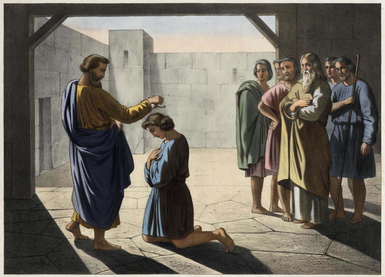 Die Krönung Davids: Samuel ernennt David zum König von Israel. Anonyme Gravur des 19. Jahrhunderts. von Unknown artist