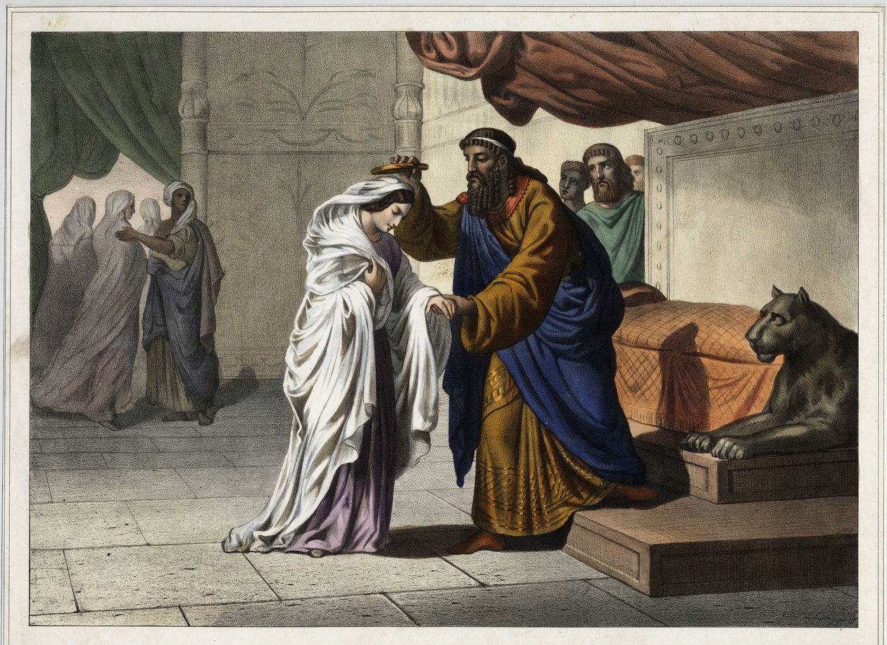 Die Krönung von Esther: Der persische König Assuerus I. (Xerxes I.) krönt seine Frau Esther. Anonyme Gravur des 19. Jahrhunderts. von Unknown artist