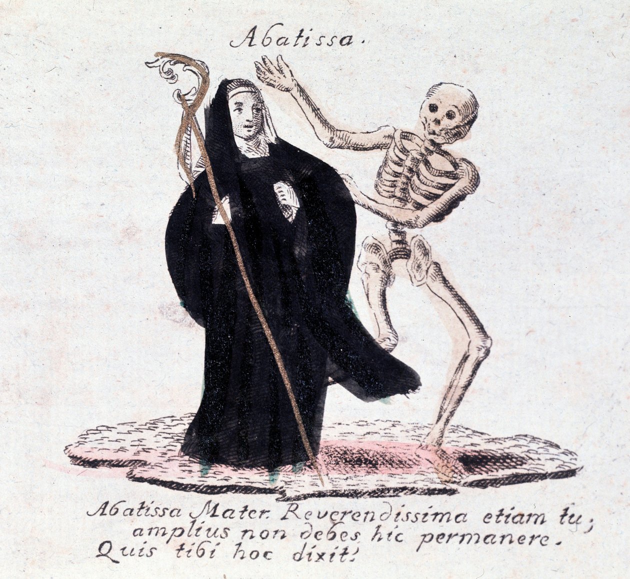 Der Totentanz, die Äbtissin und ein Skelett (Druck) von Unknown artist