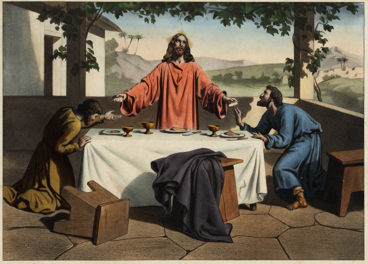 Die Jünger von Emmaus treffen den auferstandenen Christus am Abend des Osterfestes, der das Brot teilt. Anonyme Gravur aus der Mitte des 19. Jahrhunderts von Unknown artist