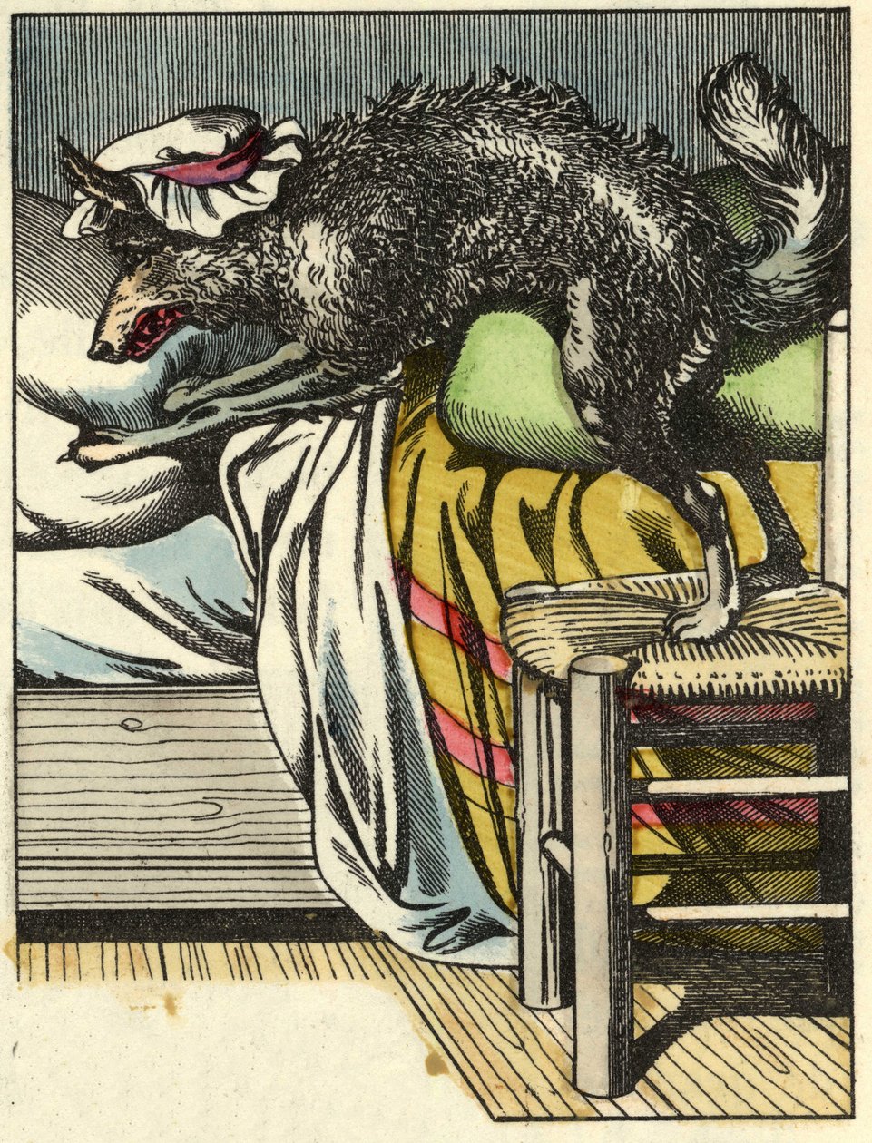 Der verkleidete Wolf nimmt den Platz der Großmutter im Bett ein. Illustration des Märchens „Rotkäppchen“ von Charles Perrault. von Unknown artist
