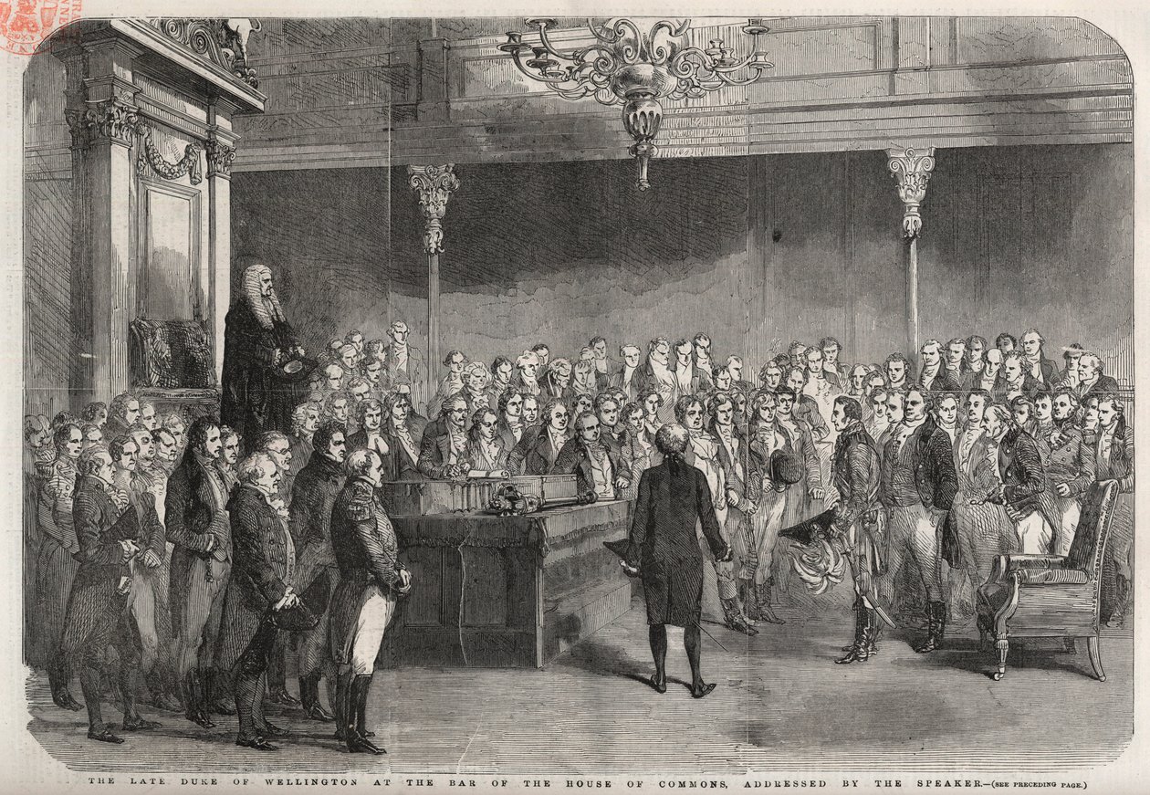 Der Duke of Wellington (Arthur Wellesley) steht an der Bar des House of Commons, um die Glückwünsche des Sprechers zu seinem Sieg bei Vimeiro, Peninsular War, entgegenzunehmen von Unknown artist