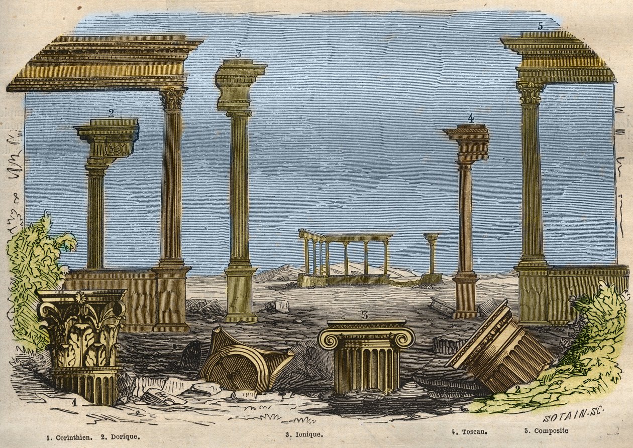 Die fünf Ordnungen der klassischen Architektur: Korinthisch, Dorisch, Ionisch, Toskanisch und Komposit, jeweils durch eine Säule dargestellt von Unknown artist