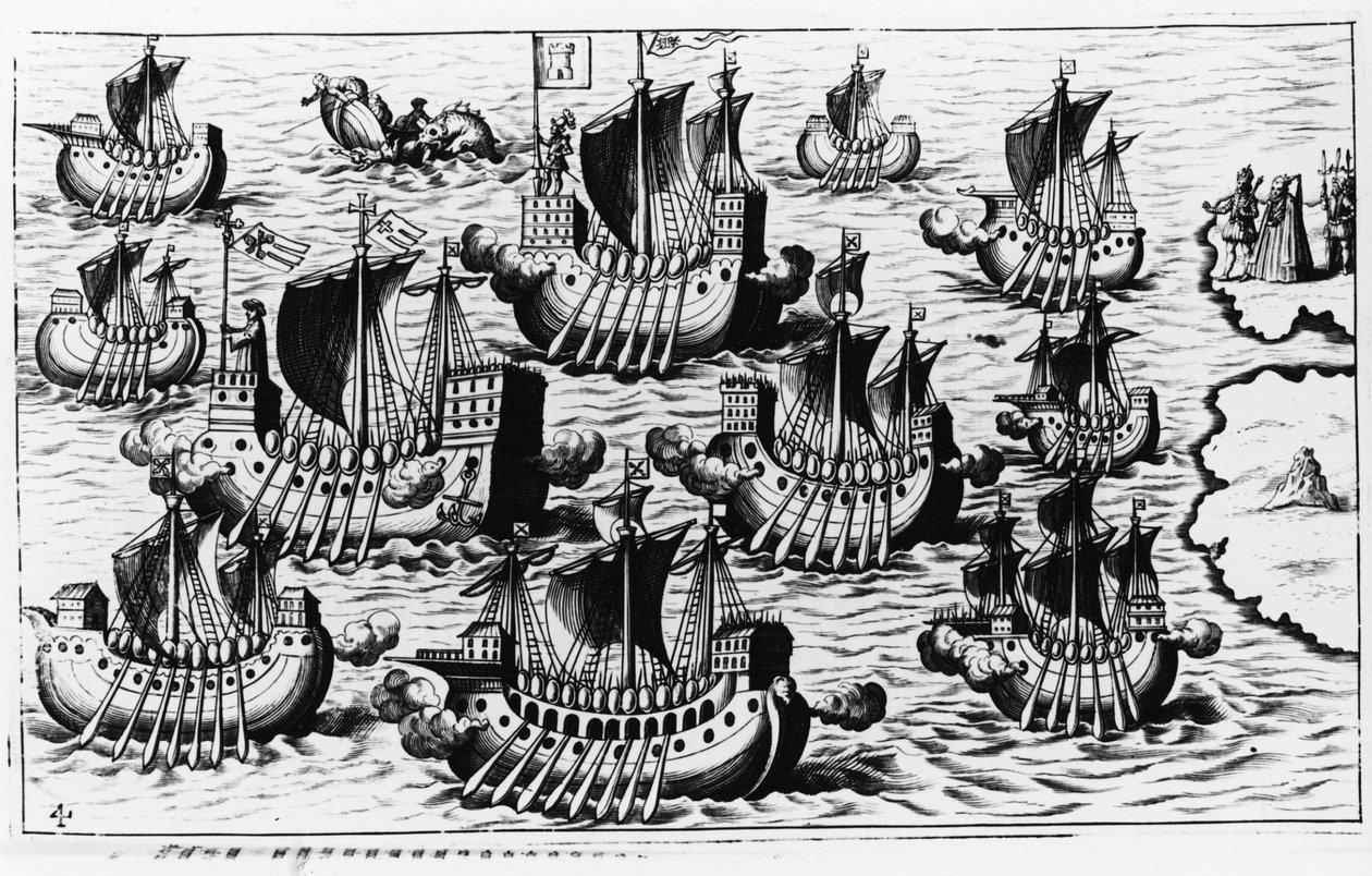 Die Flotte von Christoph Kolumbus (Cristoforo Colombo) zur Eroberung der Neuen Welt - in „Nova Tipus Transacto Navigatio Novi Orbi“ von Philoponus Honorius von Unknown artist