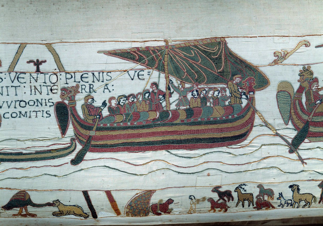 Die Flotte von Harold, die dem Herzog von Normandie Wilhelm dem Eroberer (1027-1087) mitteilen wollte, dass er Nachfolger der Krone von England nach dem Tod von Eduard dem Bekenner wird, wird in einem Sturm gefangen, der sie an die Küsten von Graf Guy de P von Unknown artist