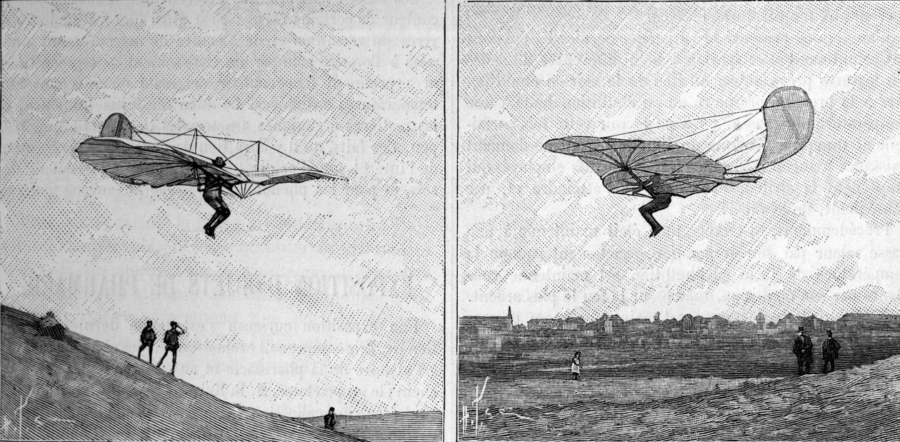 Das fliegende Flugzeug von Otto Lilienthal (1848-1896), deutscher Luftfahrtpionier, in zwei verschiedenen Positionen (von einem Sofortfoto). Gravur in „La Nature: revue des sciences et de leurs applications aux arts et a l