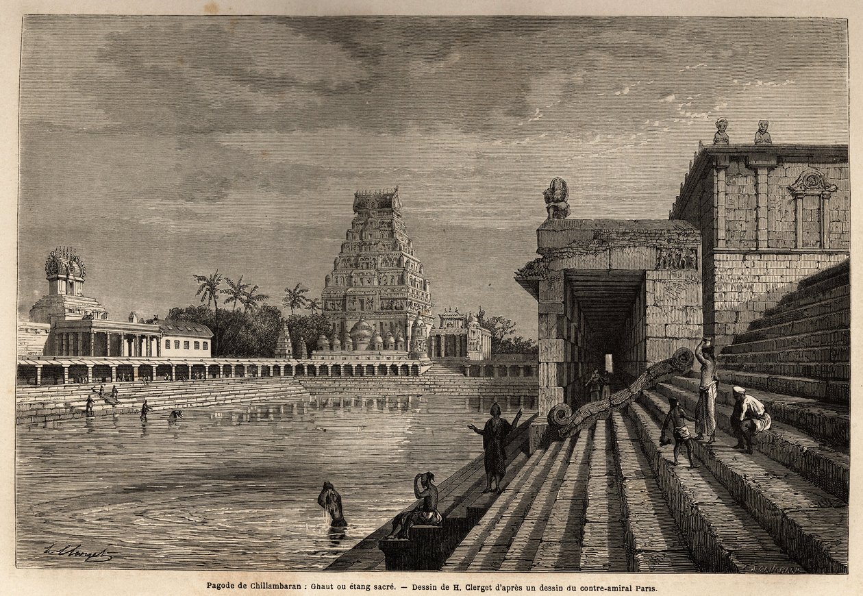 Der Ghat oder heilige Teich der Chillambaran-Pagode, am Golf von Bengalen, nahe Pondichery (Indien); einige Gläubige steigen die monumentale Treppe hinab, um ein Bad zu nehmen oder Reinigungsrituale durchzuführen. Illustration einer Expedition zur Pagode von Unknown artist