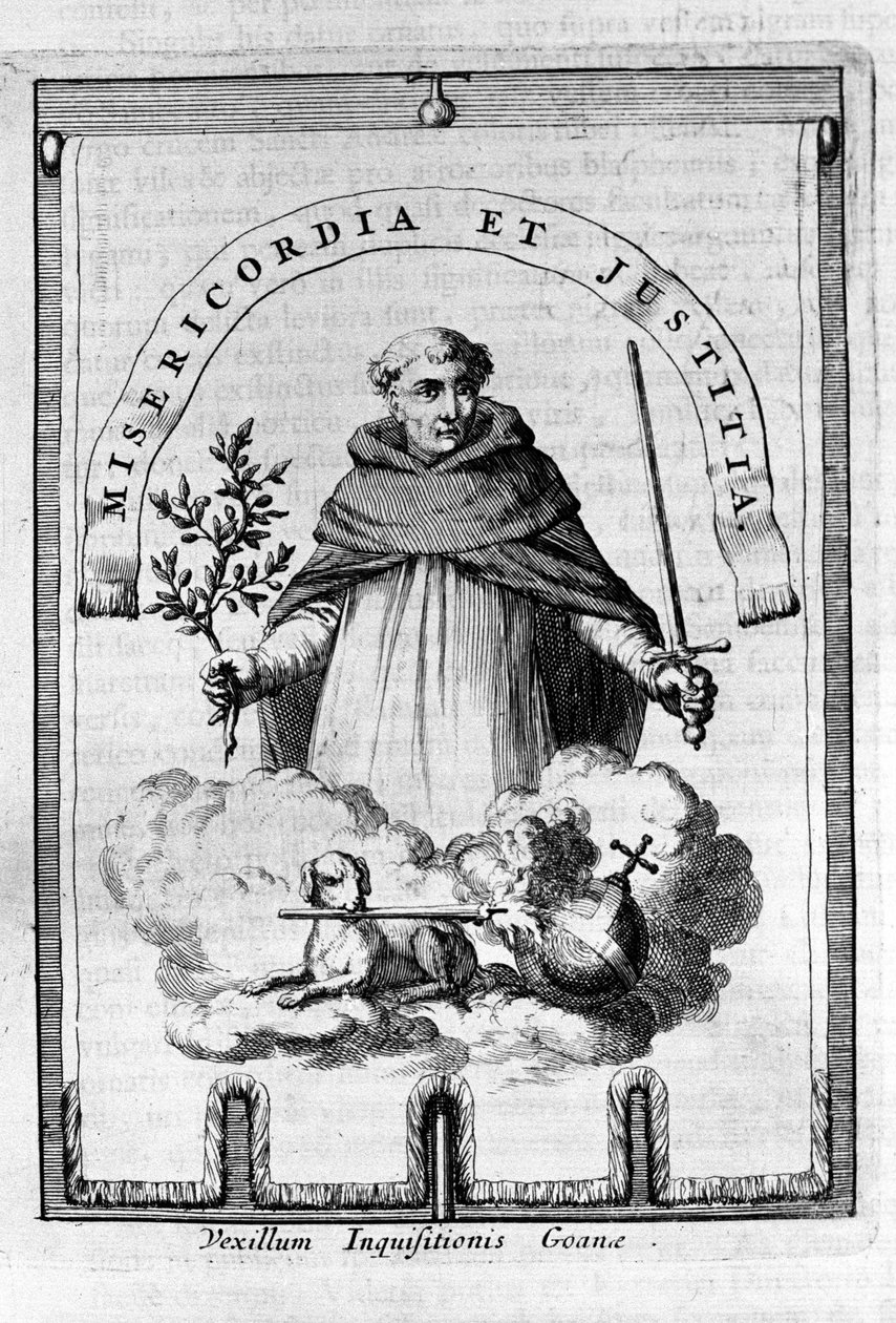 Das Banner der Inquisition in Goa, portugiesische Kolonie in Indien - Ein dominikanischer Vertreter trägt das Emblem der Inquisition: ein Schwert und ein Olivenzweig, Symbol der Bestrafung, aber auch des Friedens und der Gerechtigkeit von Unknown artist