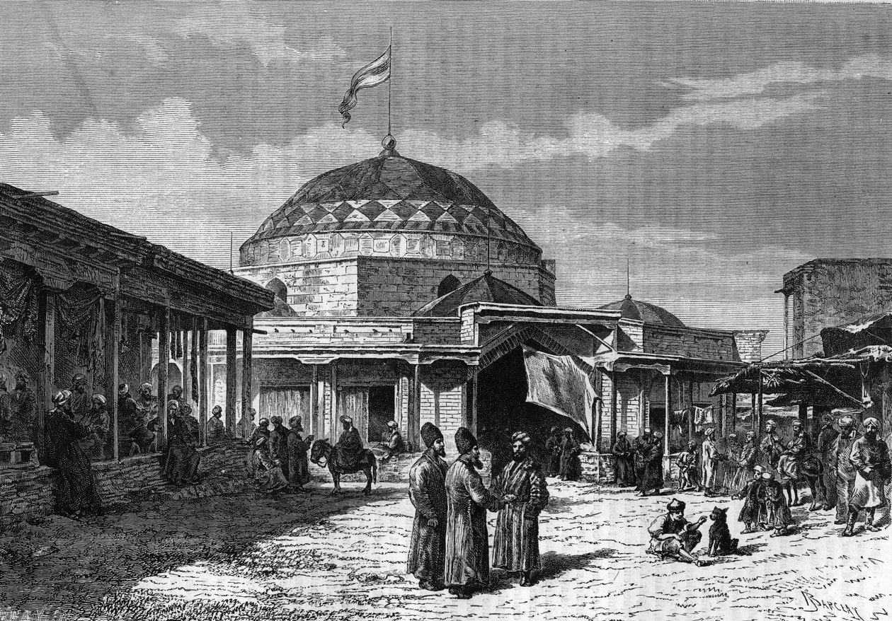 Der große Basar von Samarkand (Samarqand oder Samarkand) in Usbekistan im 19. Jahrhundert. Gravur im „Journal de la jeunesse“ von 1888 von Unknown artist