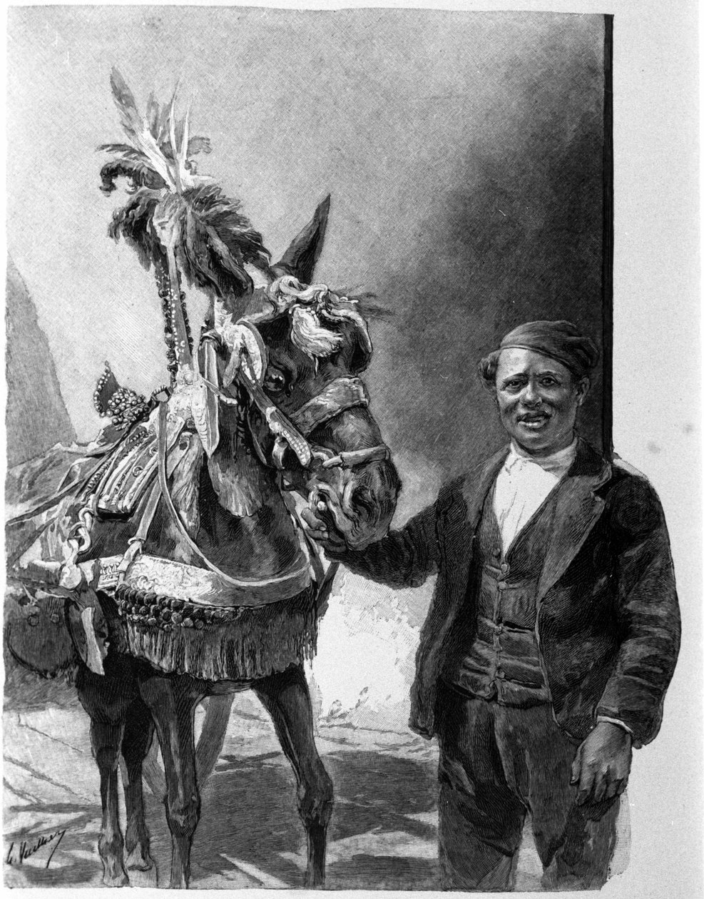 Das Geschirr des Esels aus den sizilianischen Wagen während traditioneller Feierlichkeiten. Gravur des 19. Jahrhunderts von Unknown artist