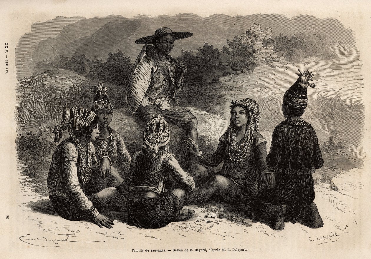 Die indigene Bevölkerung von Xieng Hong (Laos), in traditionellen Kostümen, über ihrer Jacke, eine Samtweste mit Besatz, mit einem Rock oder kurzen Hosen, ergänzt durch eine kleine verzierte Kappe. Gravur zur Illustration der Entdeckungsreise in Indochina, von Unknown artist