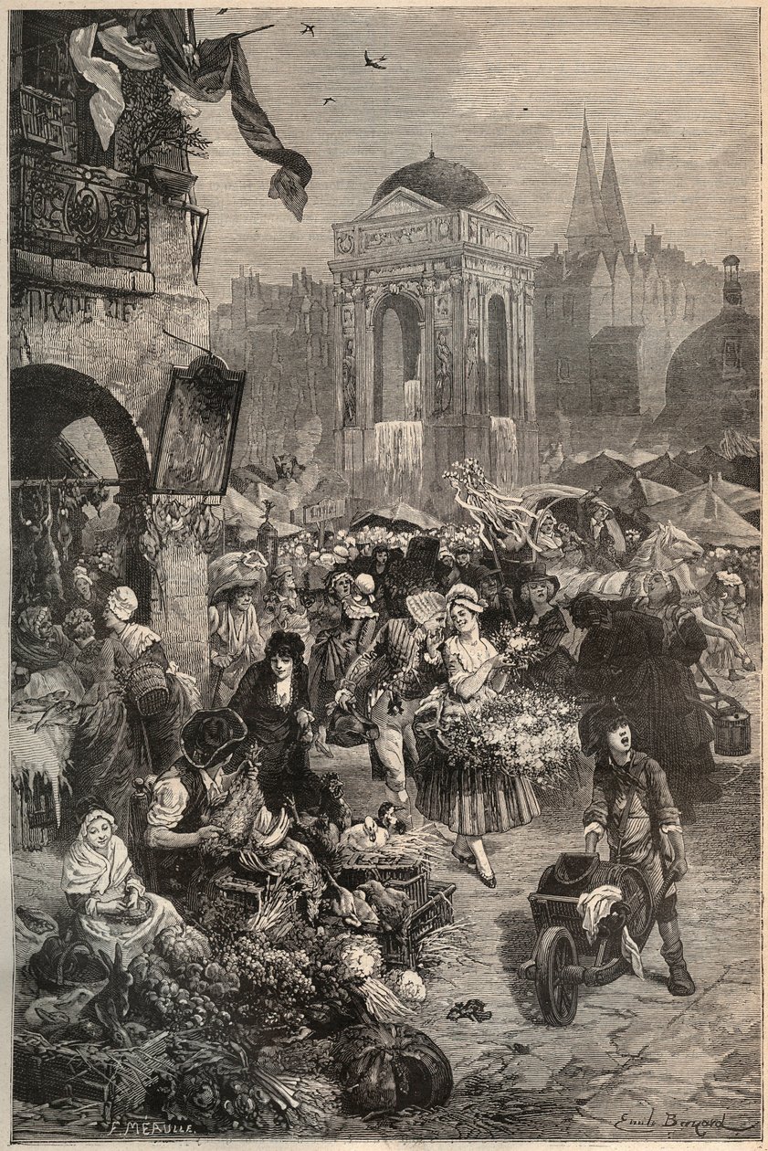 Der Markt und der Brunnen der Unschuldigen, Paris im 18. Jahrhundert - Kupferstich des 19. Jahrhunderts von Unknown artist
