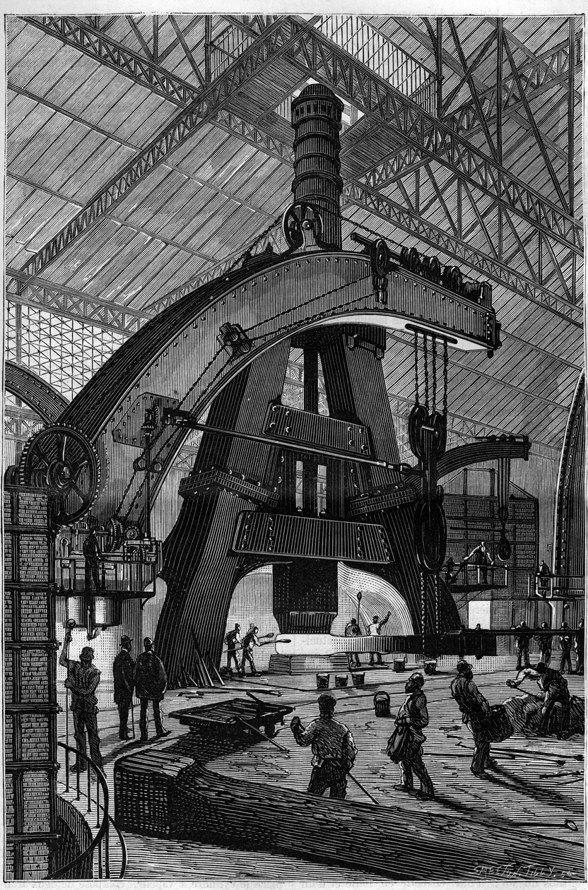 Die Metallindustrie: die Schmiede. Der Creusot-Dampfhammer in den Schneider und Compagnie Fabriken. Gravur in "La Nature" von Unknown artist