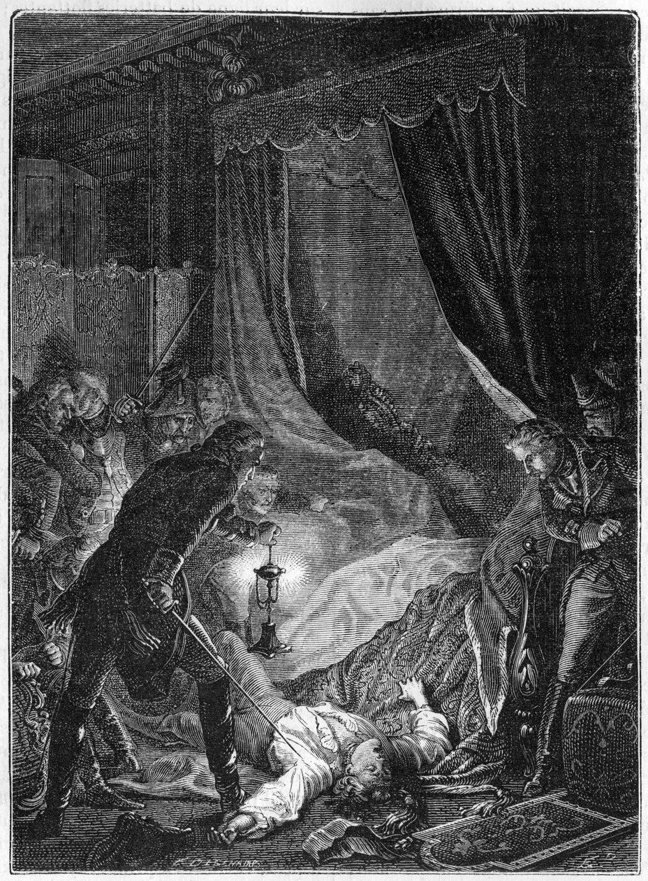 Der Mord an Zar Paul I. von Russland, März 1801 - Illustration 1882-1884 - Die Ermordung von Paul I. Petrovich (1754-1801), russischer Zar, in seinem Zimmer im Sankt Michaels-Palast nach erzwungener Abdankung - Illustration 1882-1884 von Unknown artist