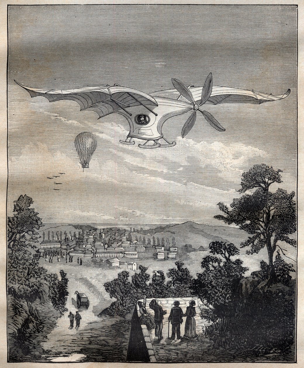 Die neuen Aerostaten: der Vogel von Clément Ader (1841-1925), die Eole, während eines Experiments im Park von Eugène Pereire bei Paris im Jahr 1891, es soll 15 m über dem Boden geflogen sein - Gravur in „La Science française“ von Unknown artist