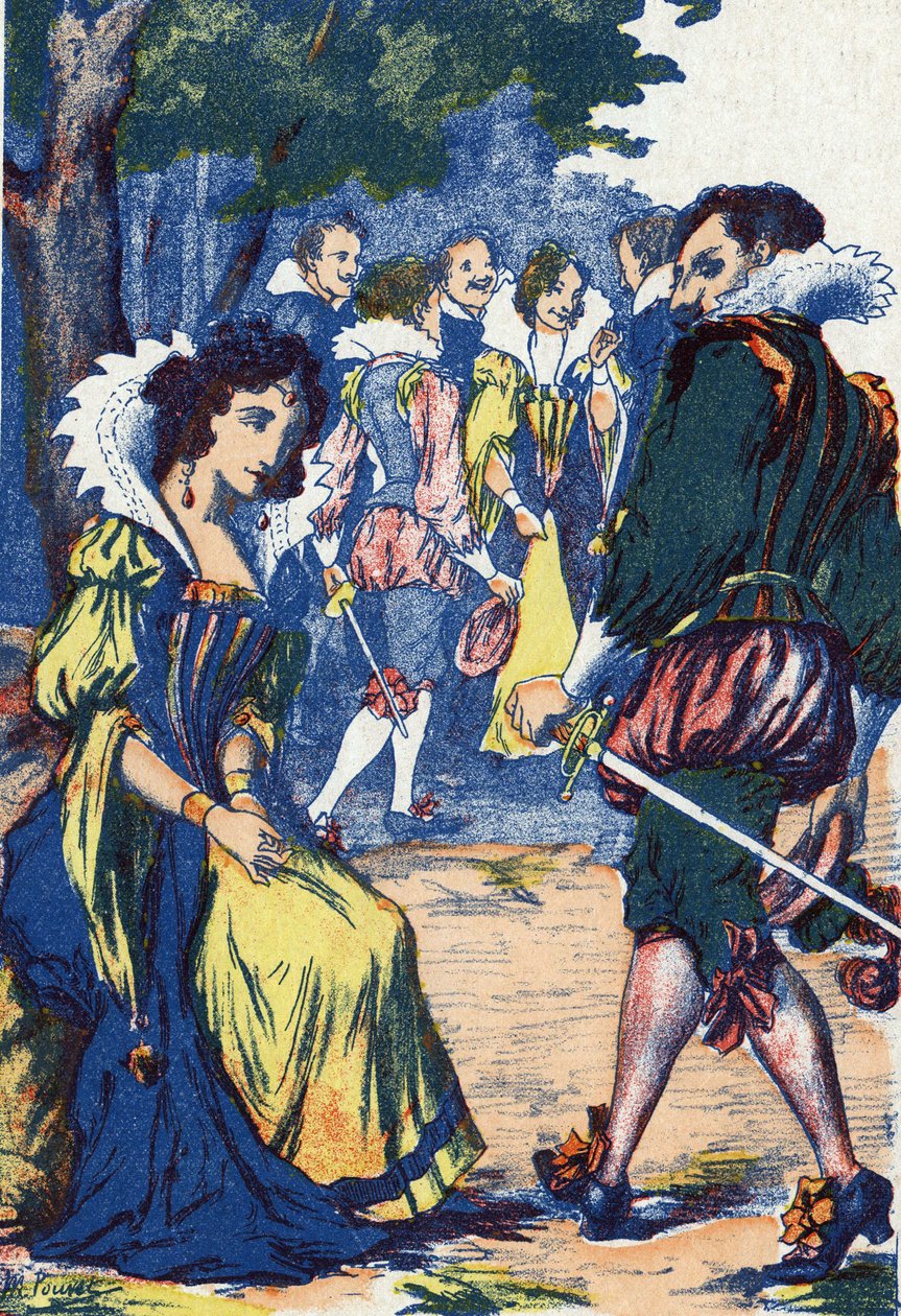 Die Dummheit der Prinzessin verscheucht die Höflinge. Anonyme Illustration für „Riquet mit dem Schopf“, Märchen von Charles Perrault (1628-1703), französischer Schriftsteller. Bild von Marcel Vagne, Jarville Nancy, undatiert (spätes 19. Jahrhundert). von Unknown artist