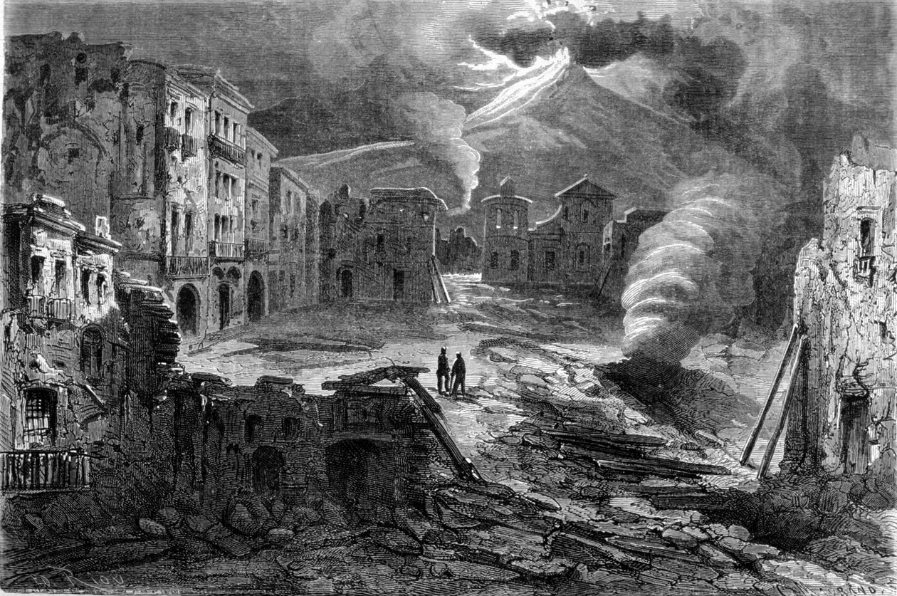 Die Ruhe auf der Piazza de Torre del Greco während des Ausbruchs des Vesuvs am 8.12.1861. von Unknown artist