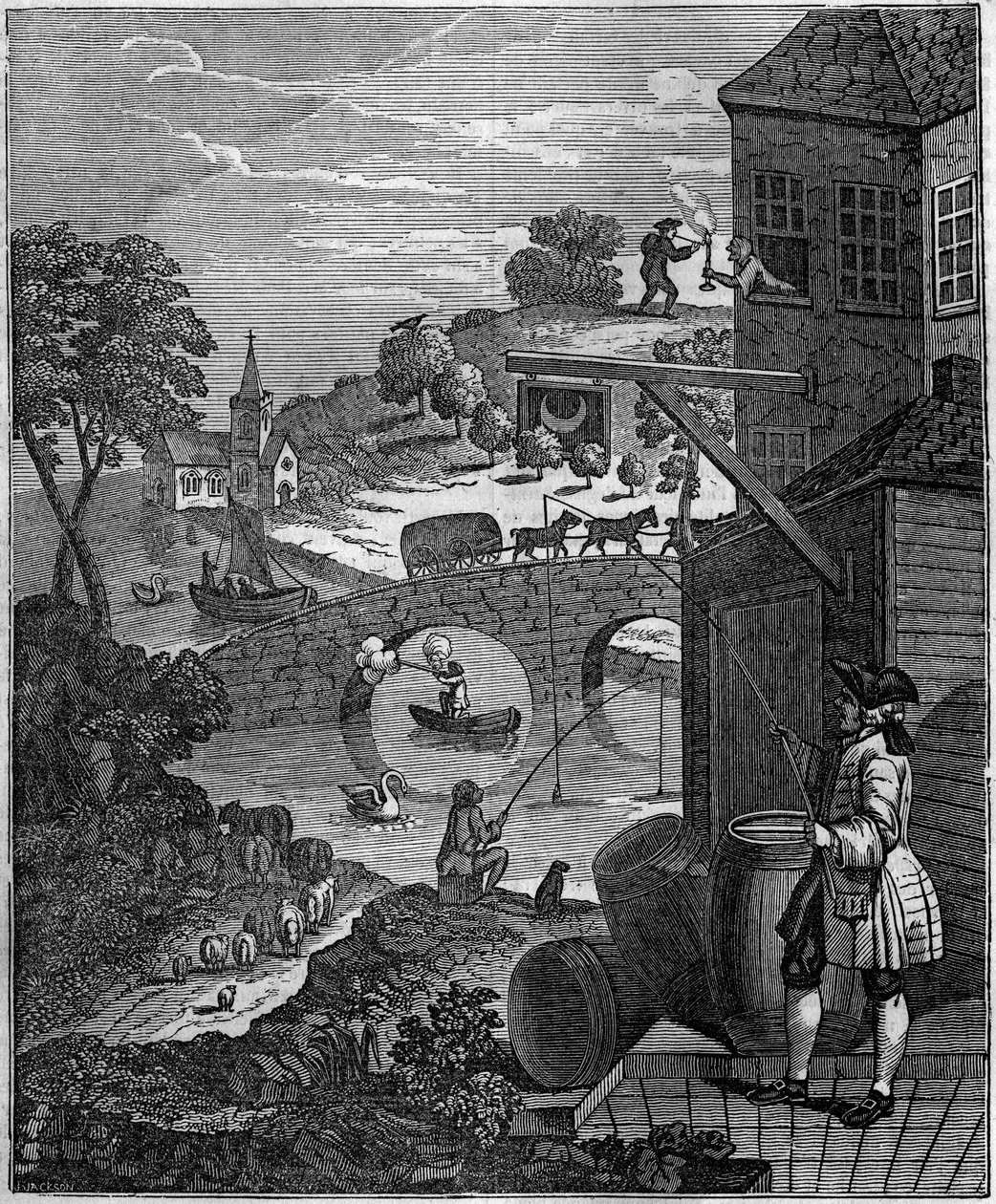 Die lächerliche Perspektive. Satirische Illustration von William Hogarth (1697-1764), die die Kunst der Perspektive von Malern verspottet, indem sie die Ebenen von Objekten und Personen vorschlägt, die aufgrund von Entfernungen in der Realität unmöglich si von Unknown artist