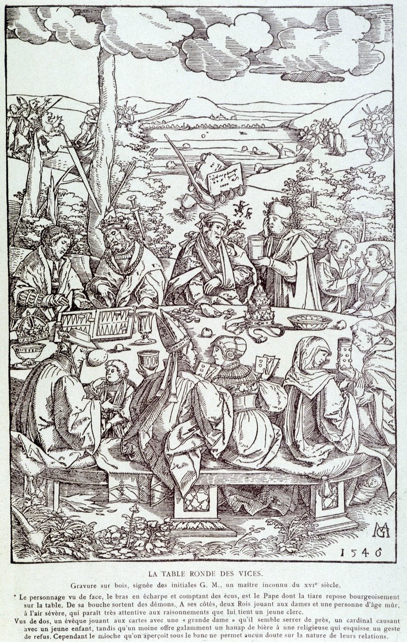 Der runde Tisch der Laster: Spiel, Gier, Lust, Stolz... - Gravur 1546 von Unknown artist