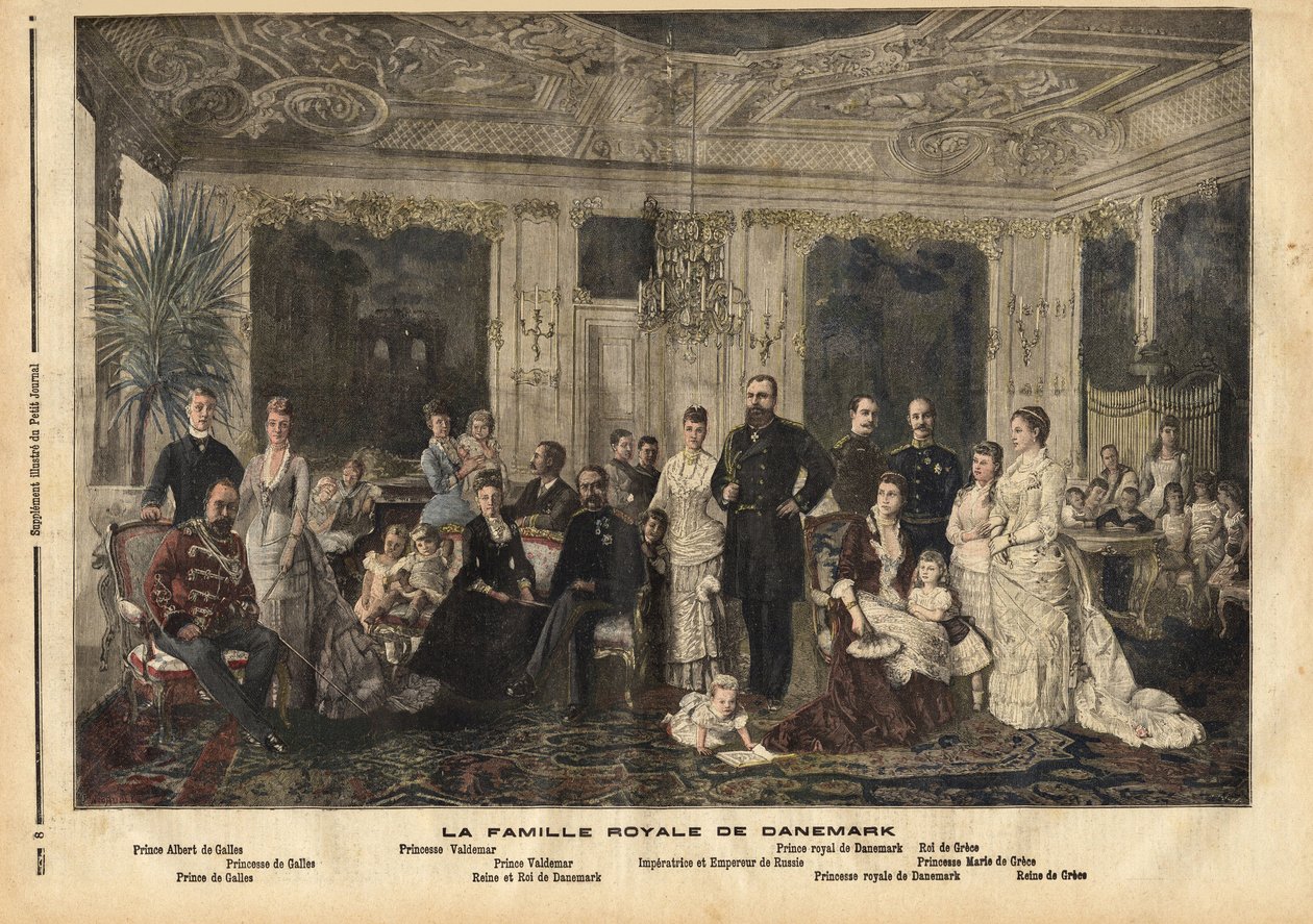 Die königliche Familie von Dänemark, in der Mitte sitzend, Königin Louise von Hessen-Kassel (1817-1898) und König Christian IX. von Dänemark (1818-1906) genannt „der schöne Vater Europas“, weil er mehrere seiner Kinder mit Erben der großen königlichen Fami von Unknown artist