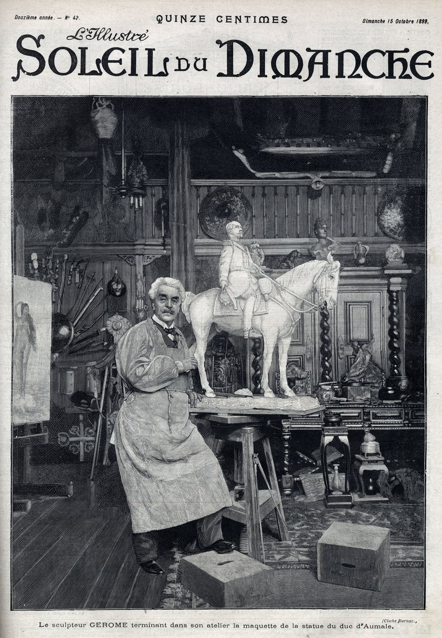 Der Bildhauer Jean Léon (Jean-Léon) Gérôme (1824-1904) vollendet in seinem Atelier das Modell der Statue des Herzogs von Aumale - Gravur in „Le sun-du-dimanche“, 15. Oktober von Unknown artist