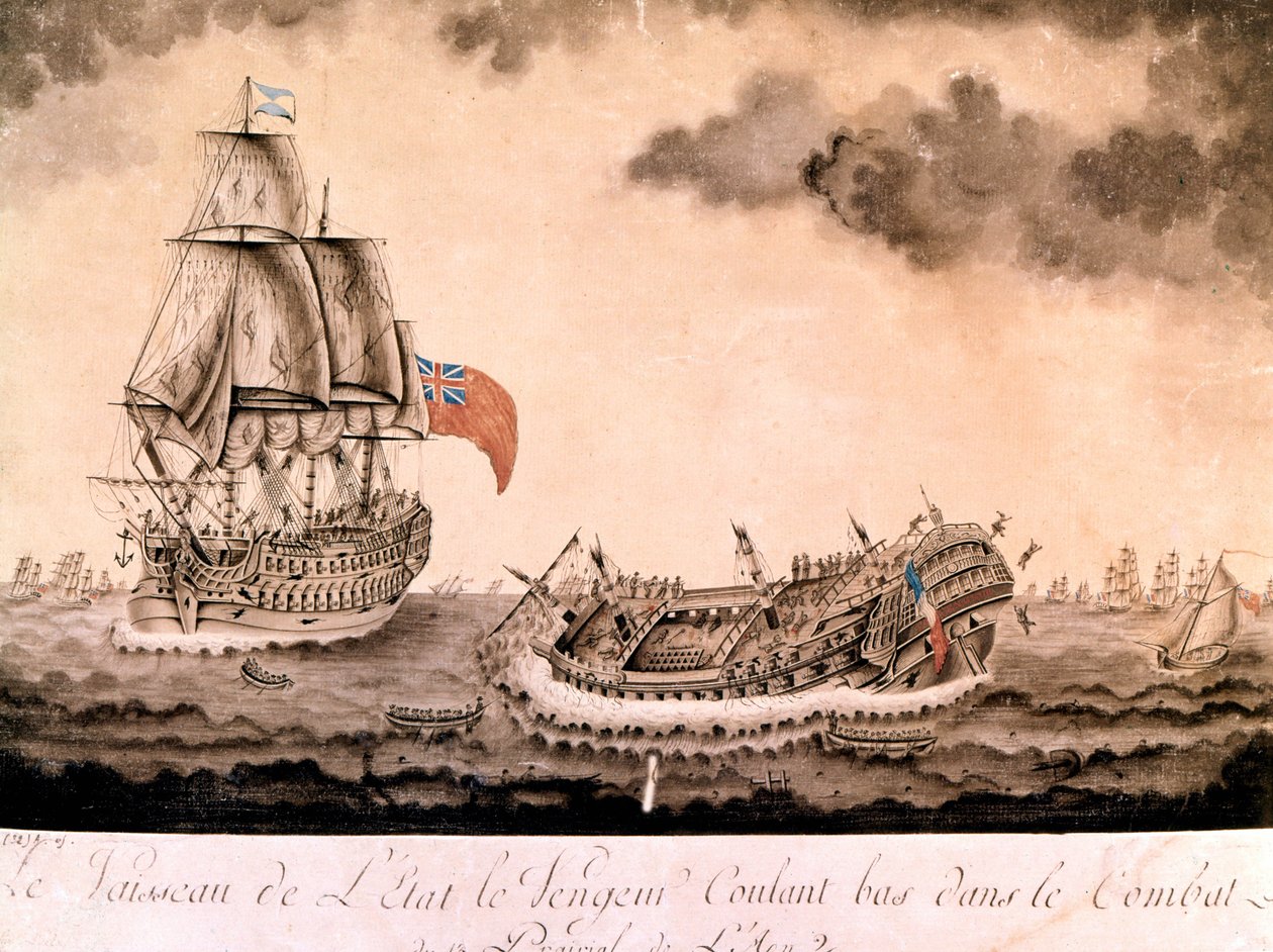 Das Schiffswrack der „Avenger“, gesunken vor Brest durch die englische Flotte am 1. Juni 1794. Gravur Ende 18. Jahrhundert, Anfang 19. Jahrhundert. von Unknown artist