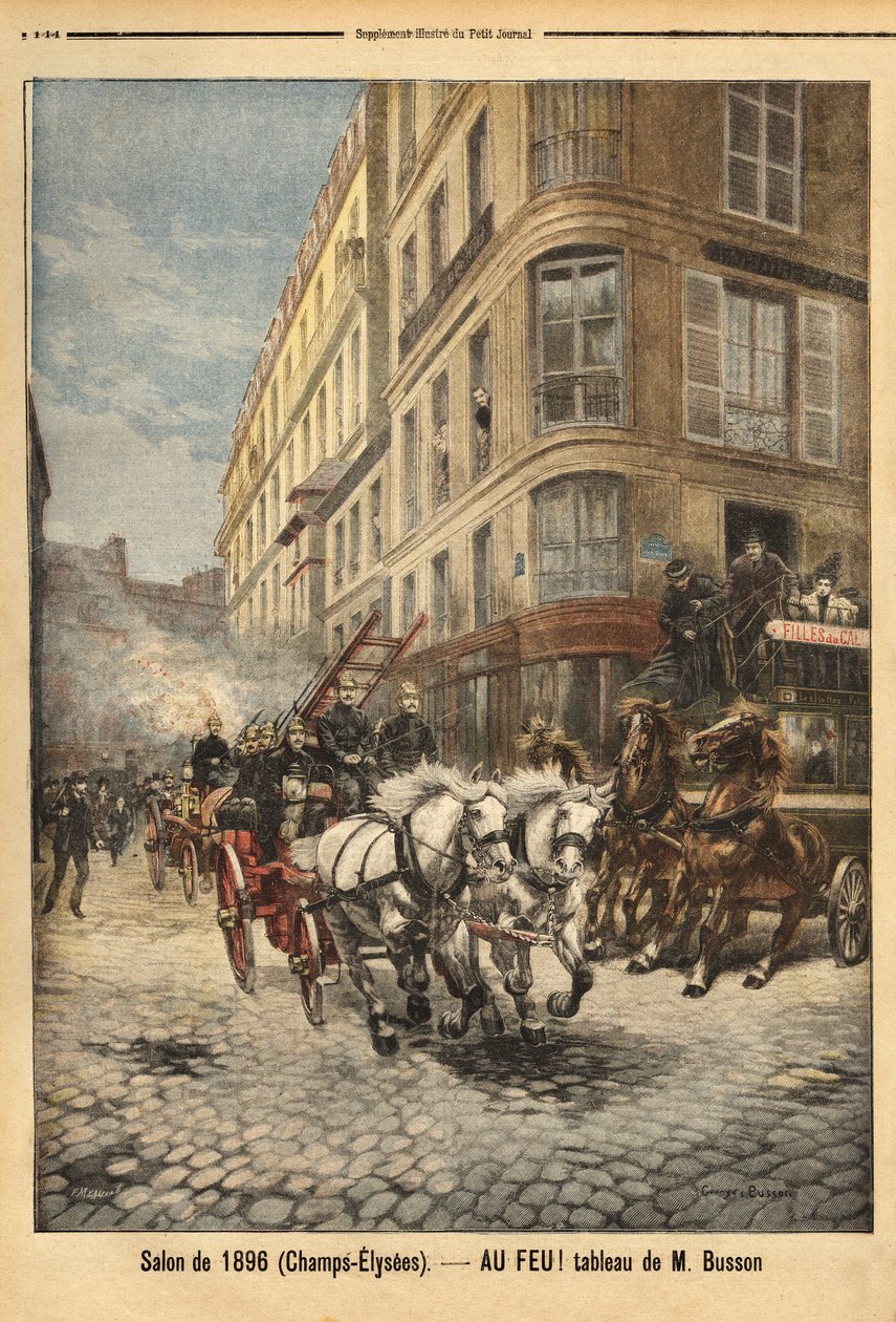 Die Dampfpumpe und Fahrzeuge der Feuerwehr in Paris, nach einem Gemälde von Herrn Busson. Gravur in „Le petit journal“ 3/05/1896. Sammlung Selva. von Unknown artist