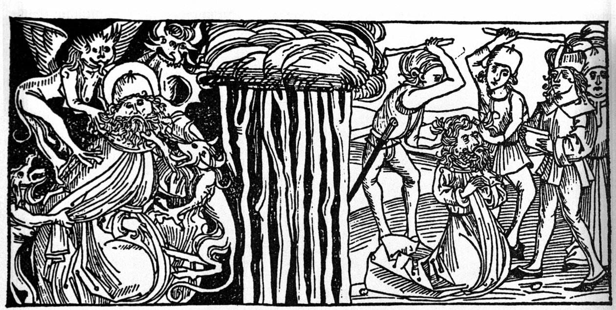Die Versuchungen des heiligen Antonius des Großen (oder des heiligen Antonius des Einsiedlers oder des heiligen Antonius des Abtes), und rechts sein Martyrium nach. Stich aus „Leben der Heiligen - Sommerteil“ (Das Buch der Heiligen) von Jacobus (Jakob) von von Unknown artist