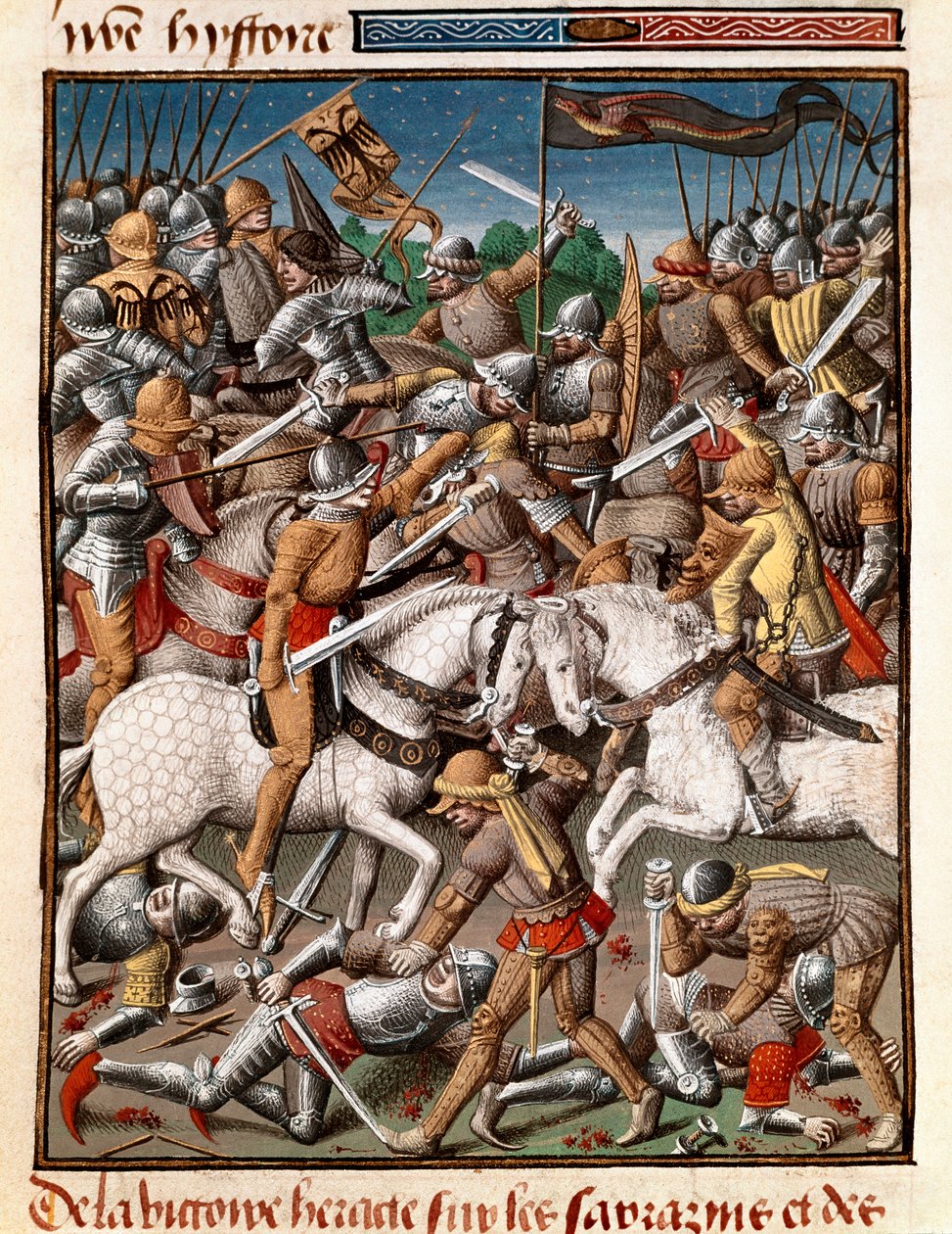 Der Sieg des byzantinischen Kaisers Herakleios (ca. 575-641) über die Sarazenen. Miniatur in „Le miroir historial“ (Speculum Historiale) (ms. 1196 fol. 65 v.) von Vincent de Beauvais (1190-1264), ins Französische übersetzt von Jean de Vignay von Unknown artist