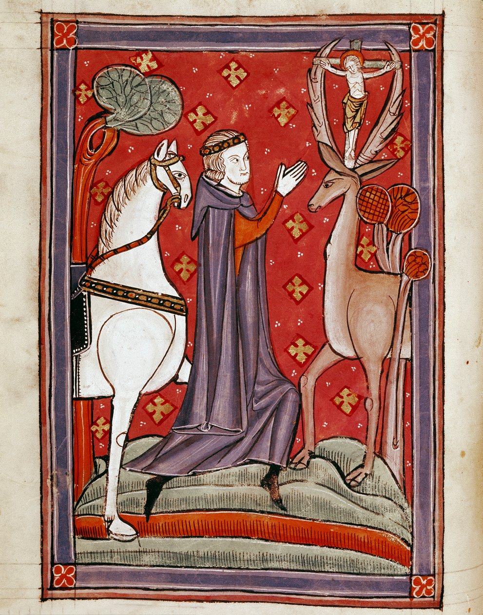 Die Vision des heiligen Eustachius. Heiliger Eustachius vor einem Hirsch mit einem Bild des gekreuzigten Christus zwischen seinen Geweihen. Miniatur aus einem Manuskript des 13. Jahrhunderts von Unknown artist