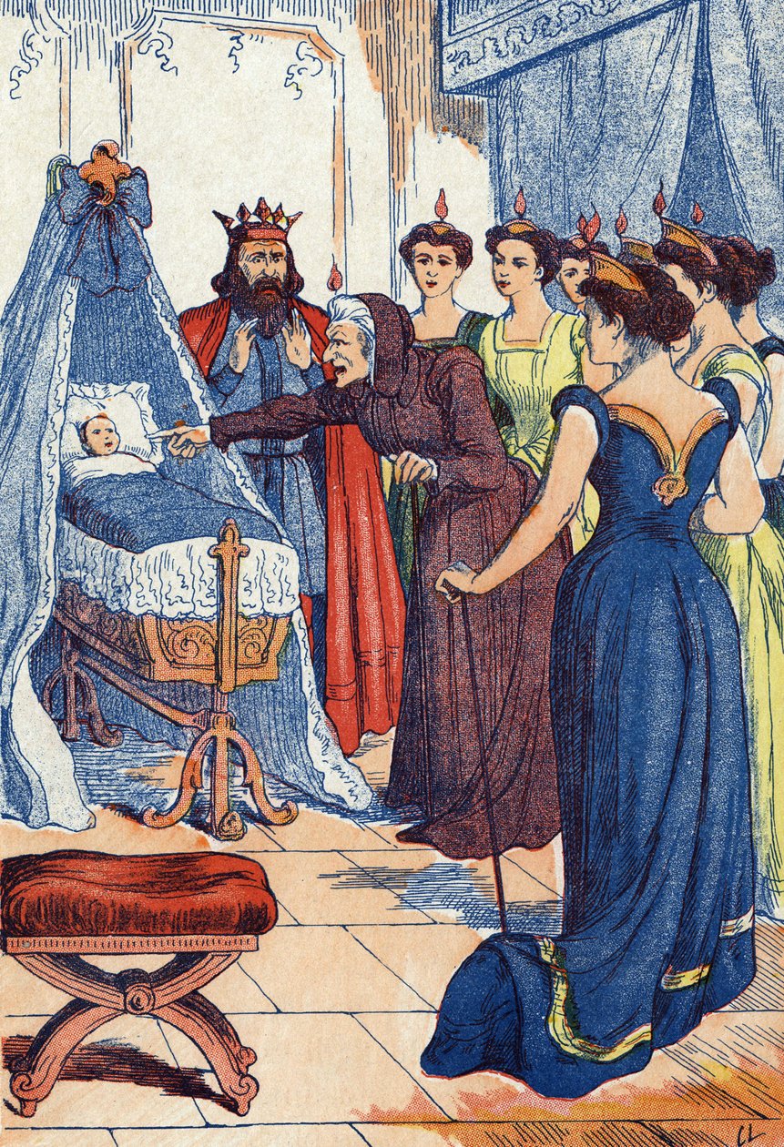 Die böse Fee prophezeit der Prinzessin, dass sie sich stechen wird. Illustration für „Dornröschen“ von Charles Perrault von Unknown artist