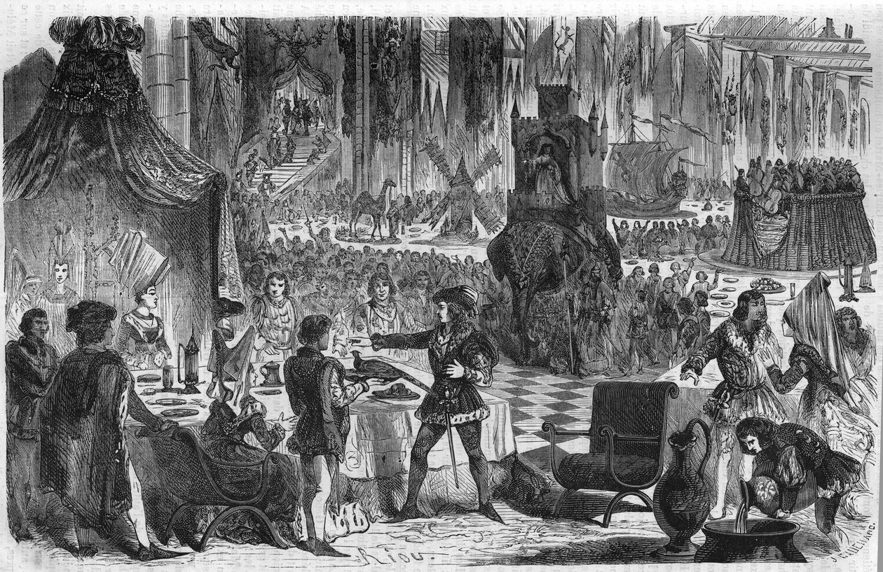 Das Gelübde des Fasans. Philipp III. der Gute, Herzog von Burgund (1396-1467), schloss sich am 17. Februar 1454 dem Kaiser von Konstantinopel zu einem Bankett im Hotel der Salle de Lille an. Gravur aus dem 19. Jahrhundert. von Unknown artist