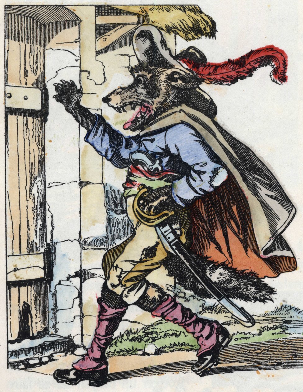 Der Wolf klopft an die Tür des Biquet-Hauses. Illustration aus dem Märchen „Compere le Loup, Maitre Renard, Comere la Chevre et ses petits biquets“ nach einer Fabel von Jean de La Fontaine. In „Märchen aus dem Heim für die Kleinen“. Anonyme Gravur von Unknown artist