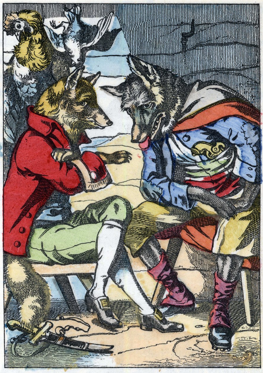 Der Wolf trifft wieder auf den Fuchs. Illustration aus dem Märchen „Compere le Loup, Maitre Renard, Comere la Chevre et ses petits biquets“ nach einer Fabel von Jean de La Fontaine. In „Märchen aus dem Heim für die Kleinen“. Anonyme Gravur aus dem 19. Jahr von Unknown artist