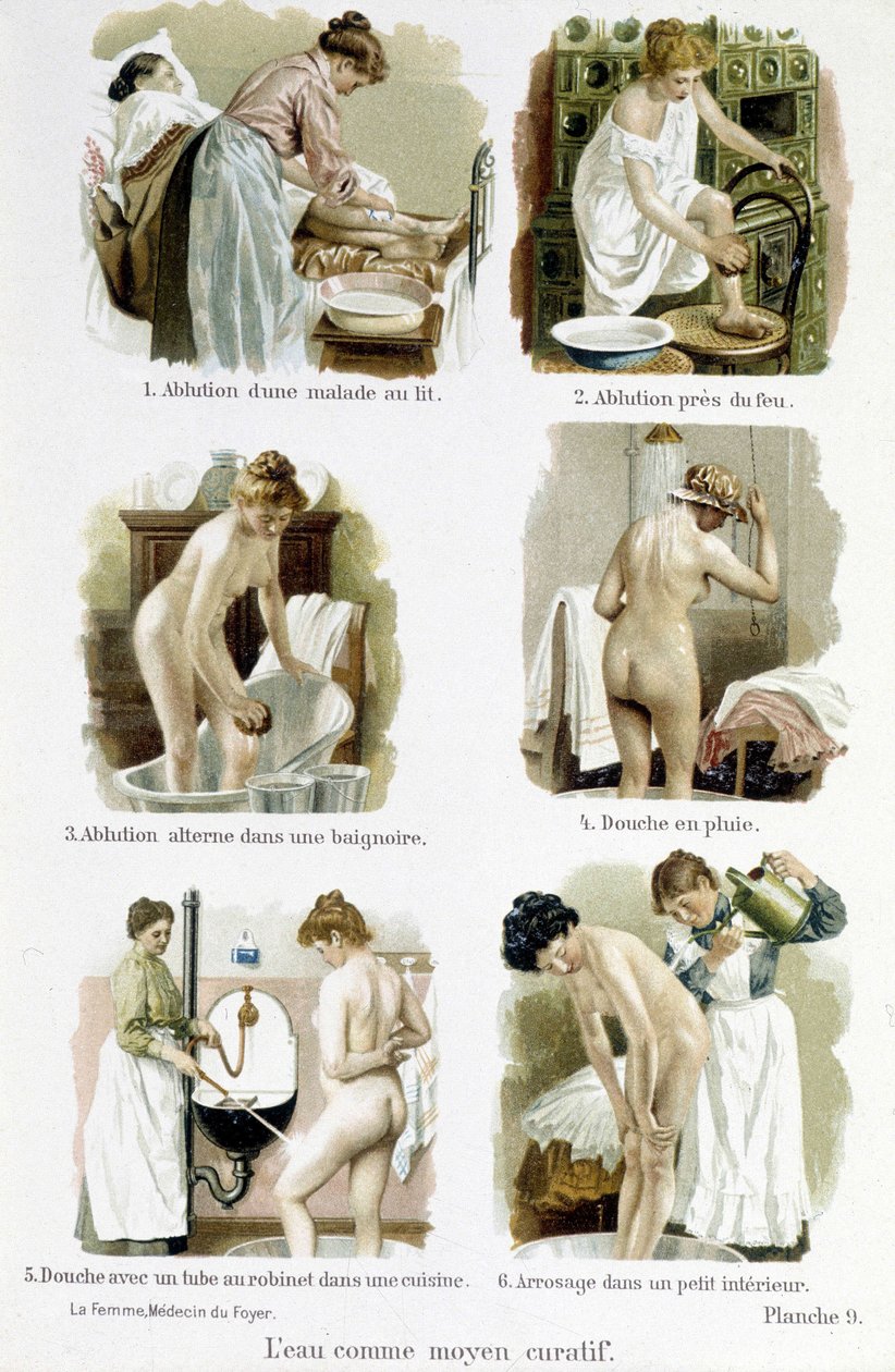 Die Frau, Hausärztin: Wasser als Heilmittel. 1. Waschung einer kranken Person im Bett, 2. Waschung durch Feuer, 3. Wechselbäder in einer Badewanne, 4. Regendusche, 5. Dusche mit einem Wasserhahnrohr einer Küche, 6. Bewässerung in einem kleinen Innenraum -  von Unknown artist